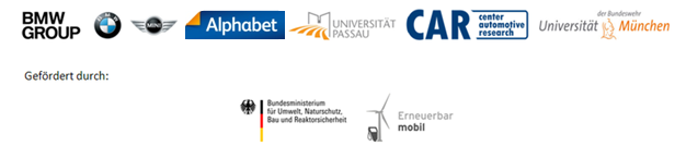 Logo der BMW Group, von Alphabet, der Universität Passau, von CAR, von der Universität der Bundeswehr München und Logos der Förderer: Bundesministerium für Umwelt, Naturschutz, Bau und Reaktorsicherheit sowie Erneuerbar mobil.